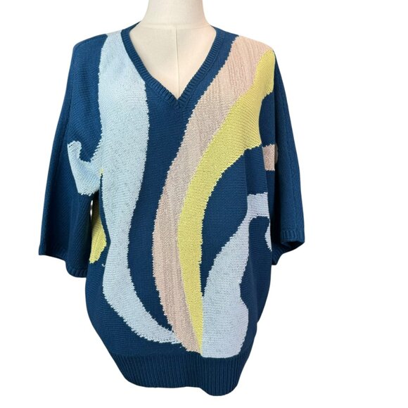 Chico’s Abstract Colorblock V-Neck Sweater Blue Multi NWT Size 1 (M/L) - Picture 1 of 6